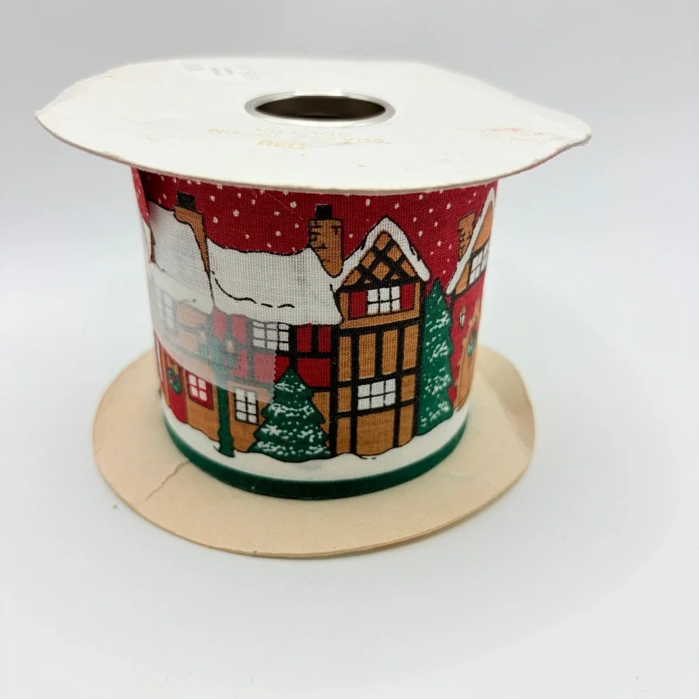 Lion Ribbon Village Christmas Red Winter Scene Fabric Ribbon 2.5